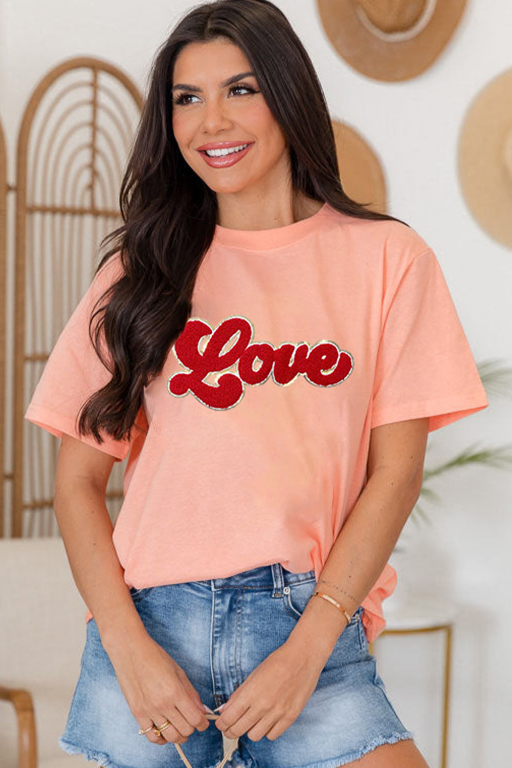 Pink Chenille Love Patched Pattern Round Neck Valentines T Shirt