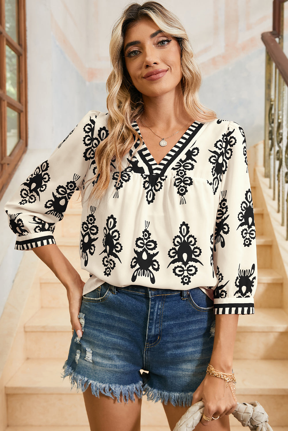 Beige Ethnic Abstract Print Puff Sleeve V Neck Blouse