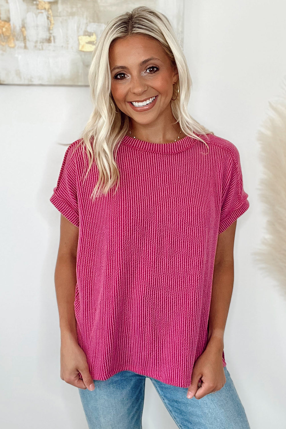 Medium Grey Crinkle Rib Knit Exposed Seam Round Neck T-shirt