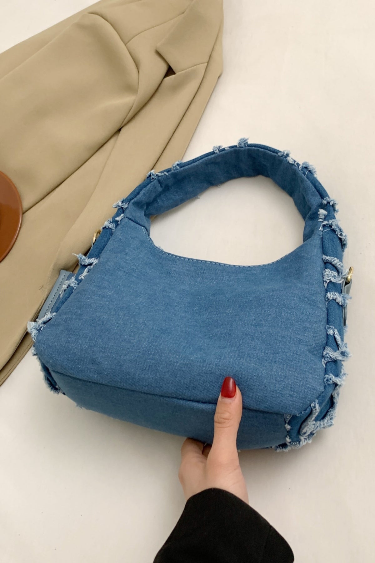 Raw Edge Denim Handbag with Pouch