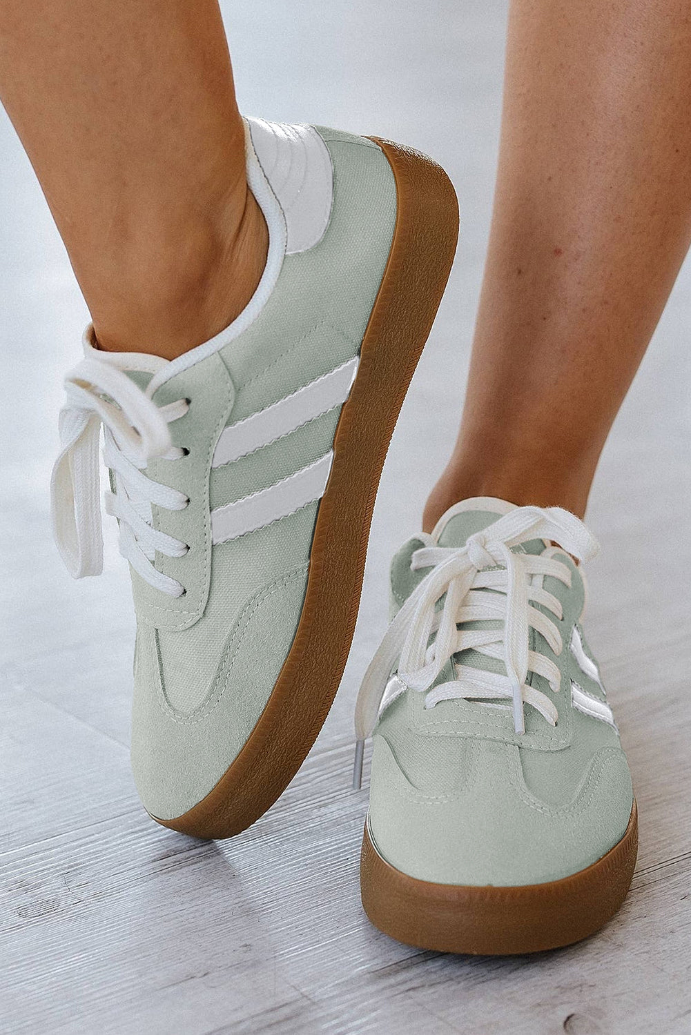 White Striped Lace Up Flat Sneakers