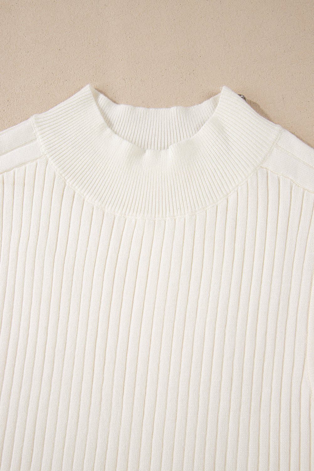 White Ribbed High Neck Knit Top