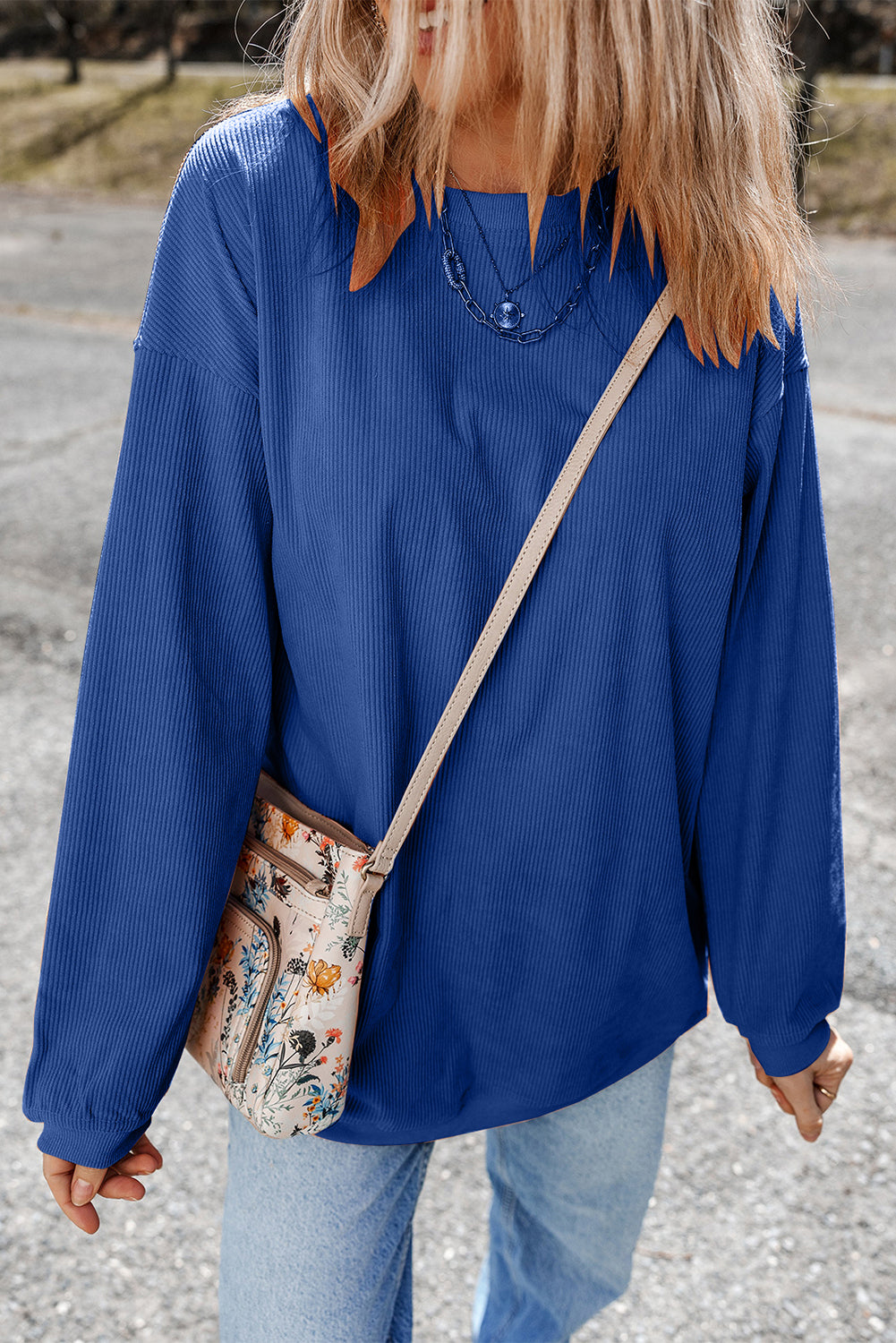 Apricot Drop Shoulder Crinkle Rib Oversized Sweatshirt