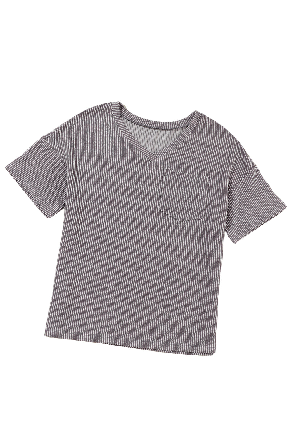 Light Grey Ribbed V Neck Pocket Drop Sleeve T-Shirt