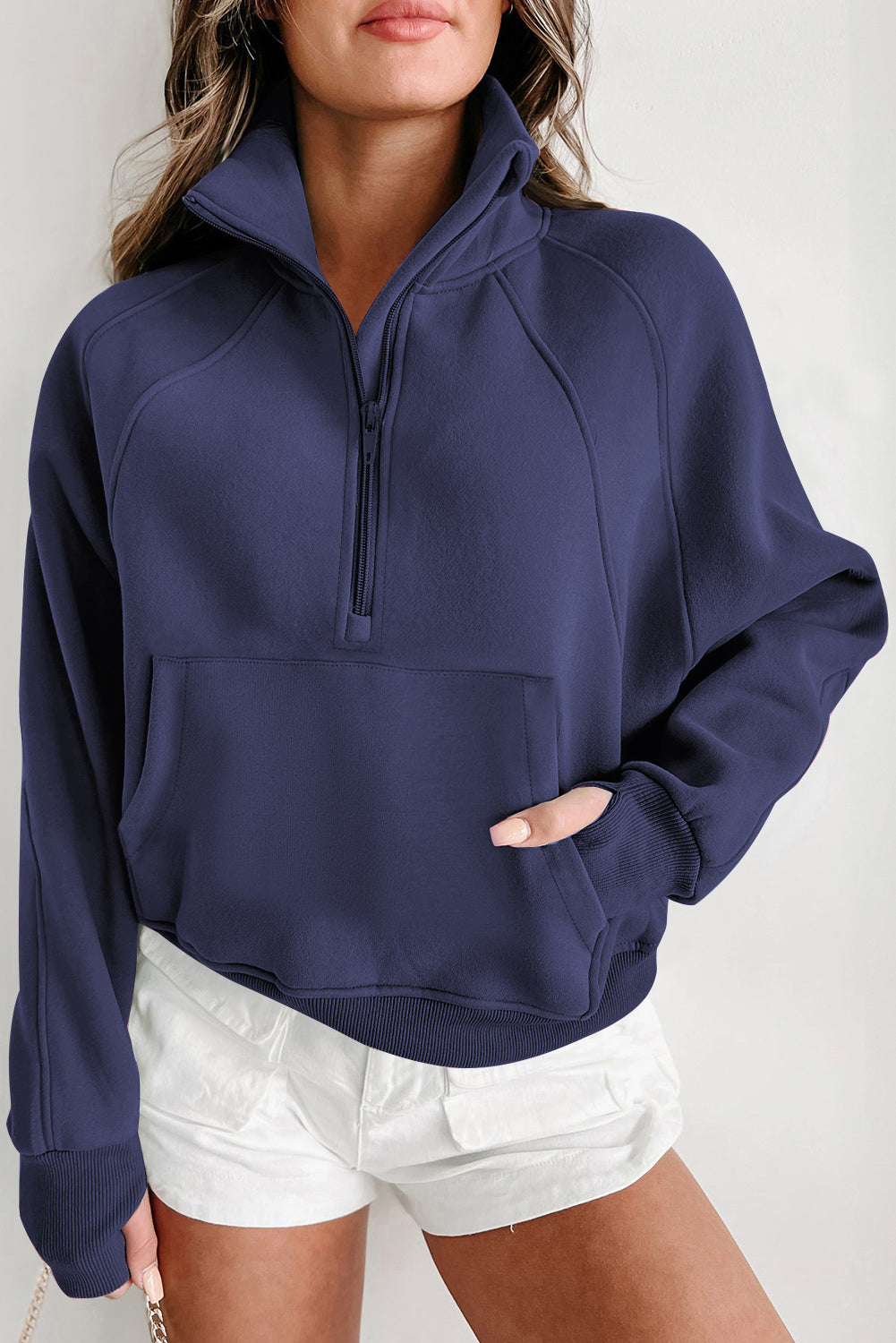 Navy Blue Zip Up Stand Collar Ribbed Thumbhole Sleeve Sweatshirt