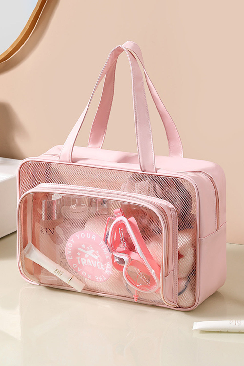 Pink Waterproof Multi Pockets Transparent Handle Makeup Bag