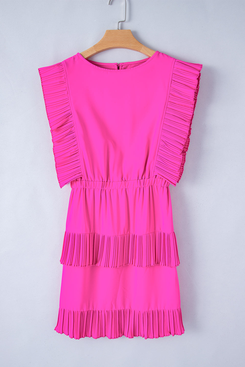 Bright Pink Pleated Layered Ruffle Sleeveless Mini Dress