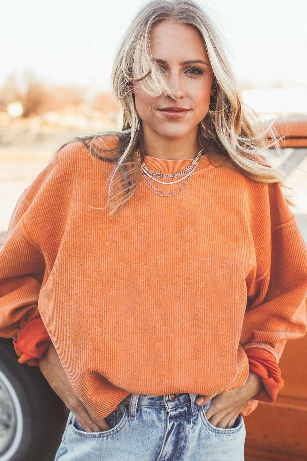 Apricot Drop Shoulder Crinkle Rib Oversized Sweatshirt