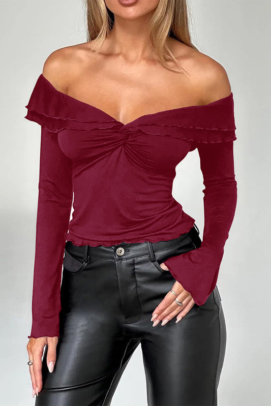 Burgundy Ruffle Off Shoulder Plain Twist Front Blouse