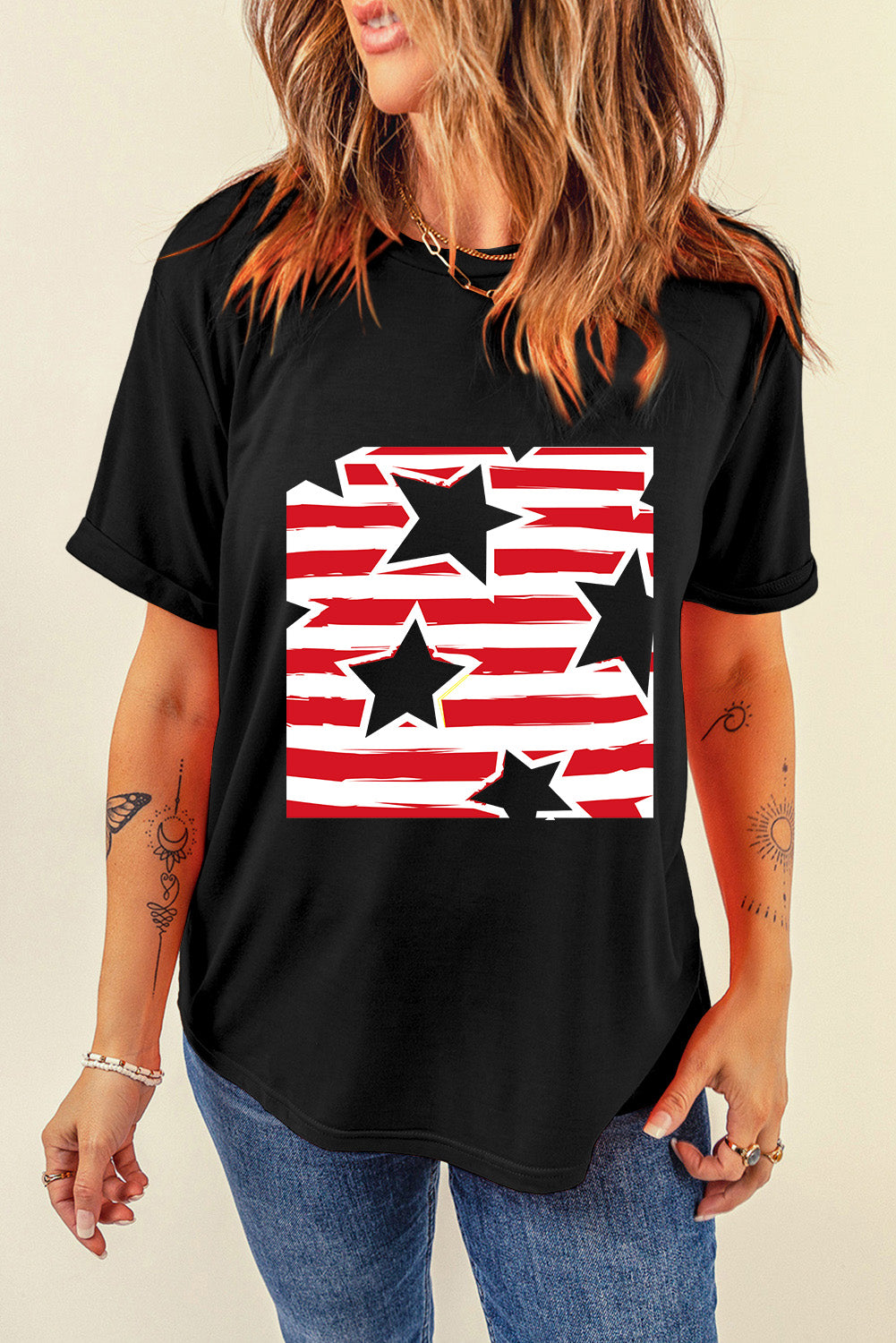 Black Casual Flag Day Star & Stripes Graphic Crewneck Tee