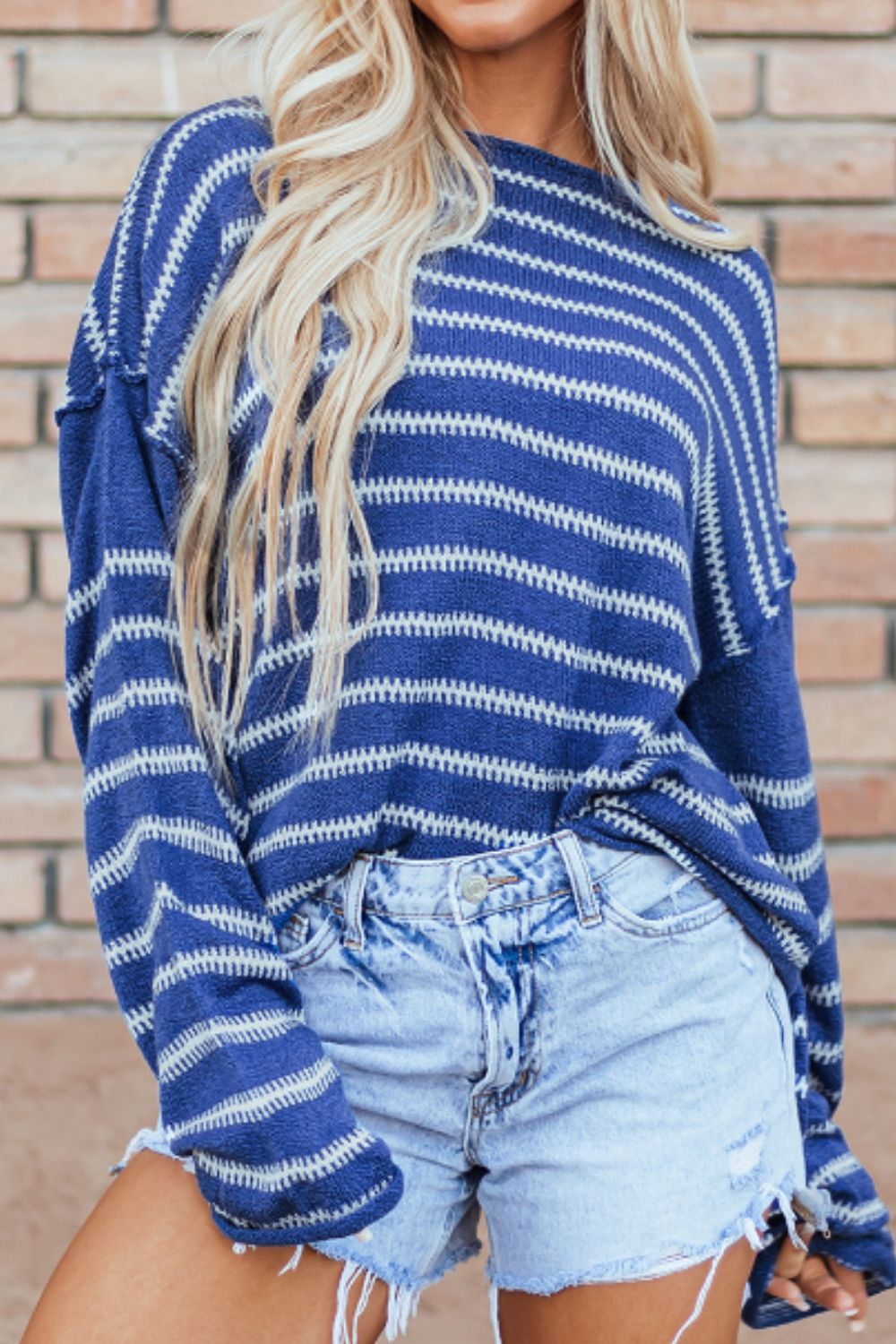 Striped Round Neck Dropped Shoulder Sweater