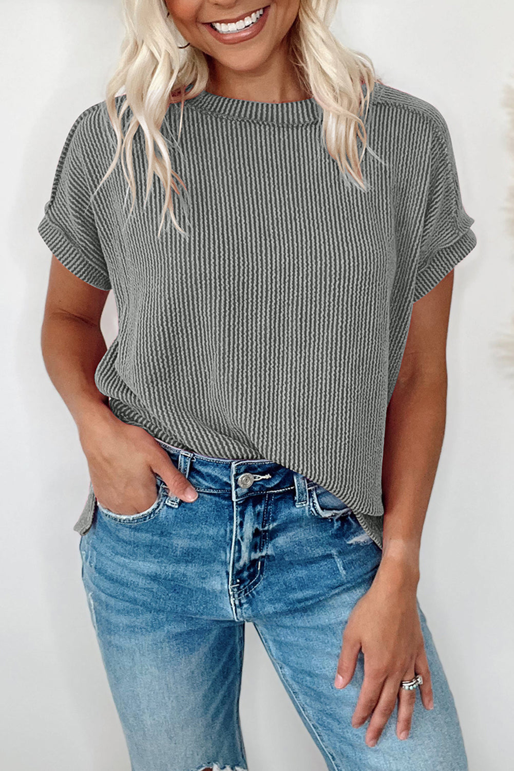 Medium Grey Crinkle Rib Knit Exposed Seam Round Neck T-shirt