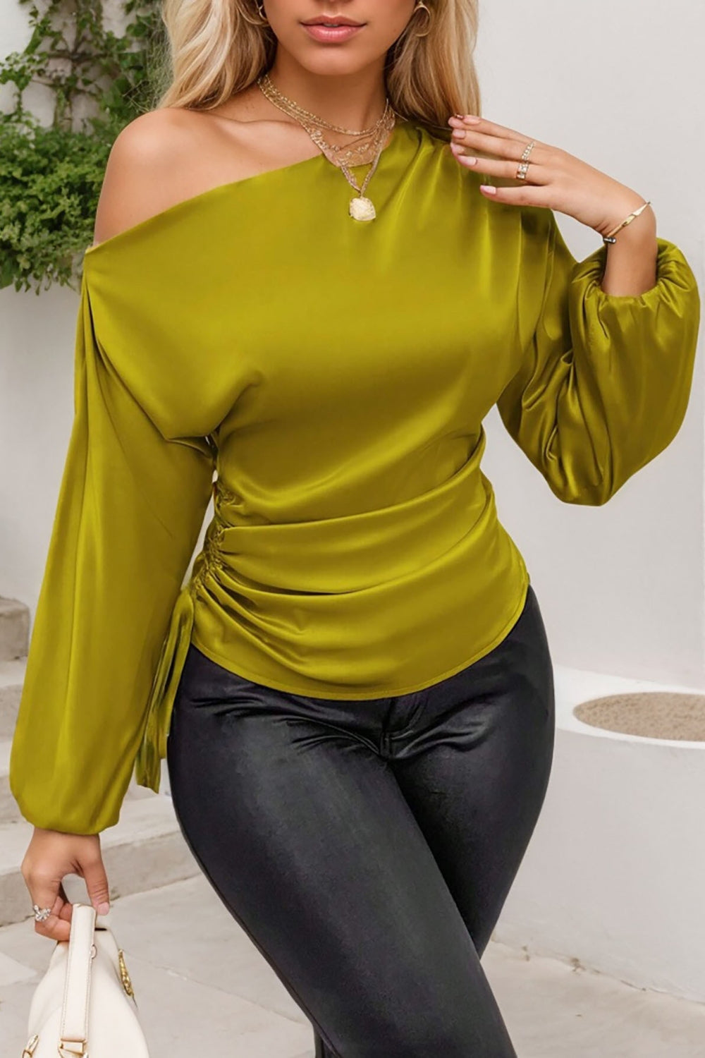 Drawstring One Shoulder Long Sleeve Blouse