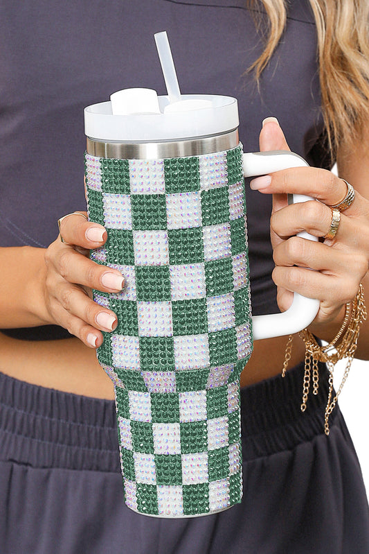 Blackish Green 40oz Rhinestone Checkered Tumbler Cup