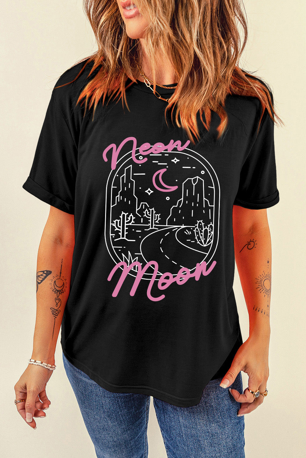 Black Tropical neon moon Letter Graphic Short Sleeve T Shirt