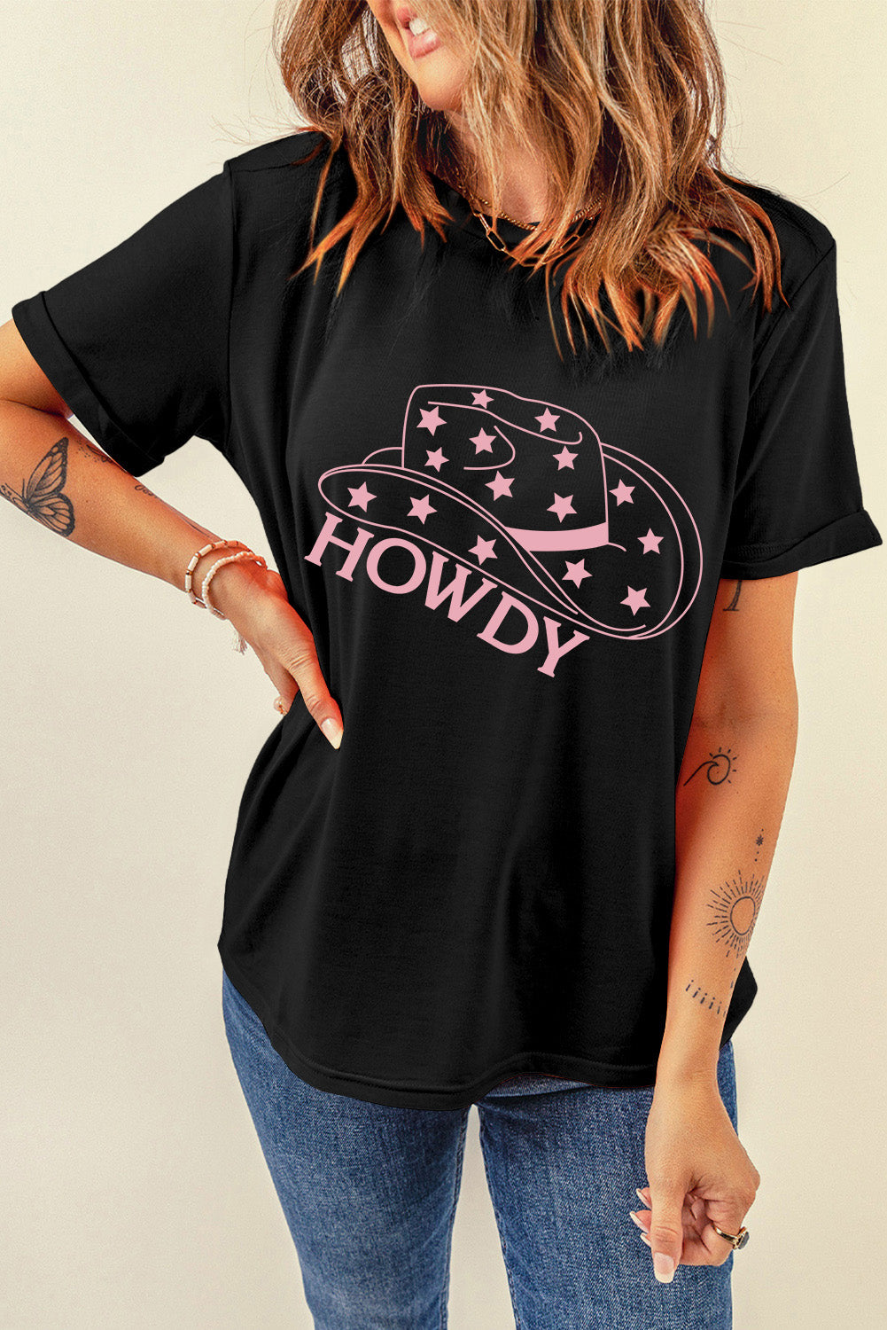 Black Hat Shape & Star HOWDY Graphic T Shirt