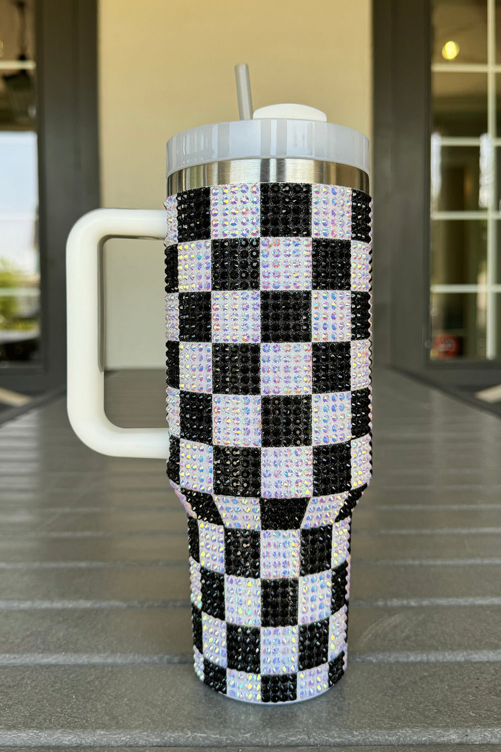 Blackish Green 40oz Rhinestone Checkered Tumbler Cup