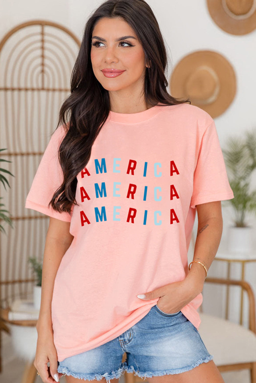 Pink 4th July AMERICA Graphic Crewneck T Shirt