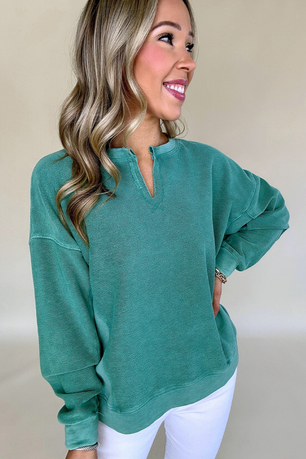 Bright Pink Notched Neck Exposed Seam Drop Shoulder Sweatshirt