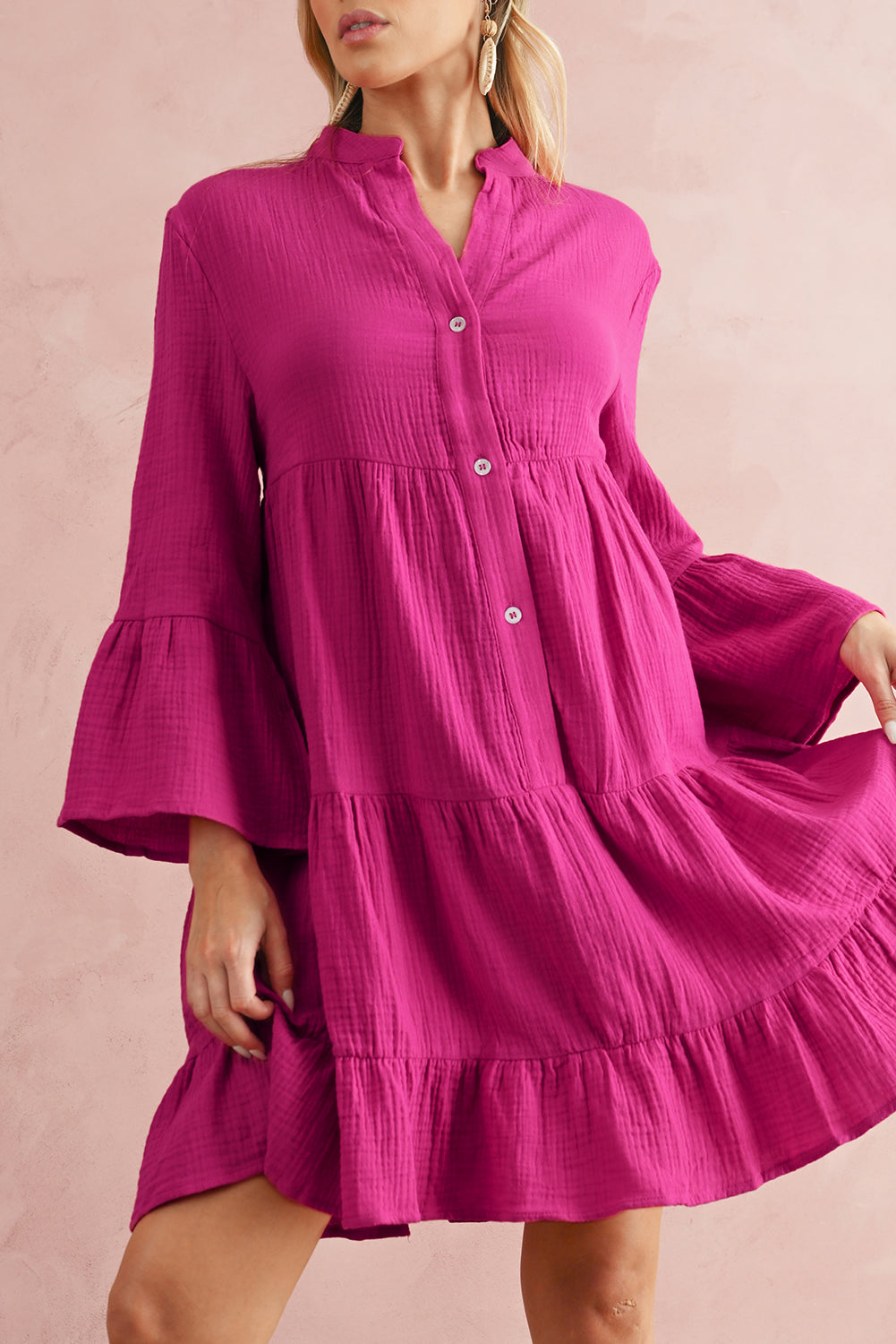 Rose Crinkled Tiered Split Neck Shirt Dress