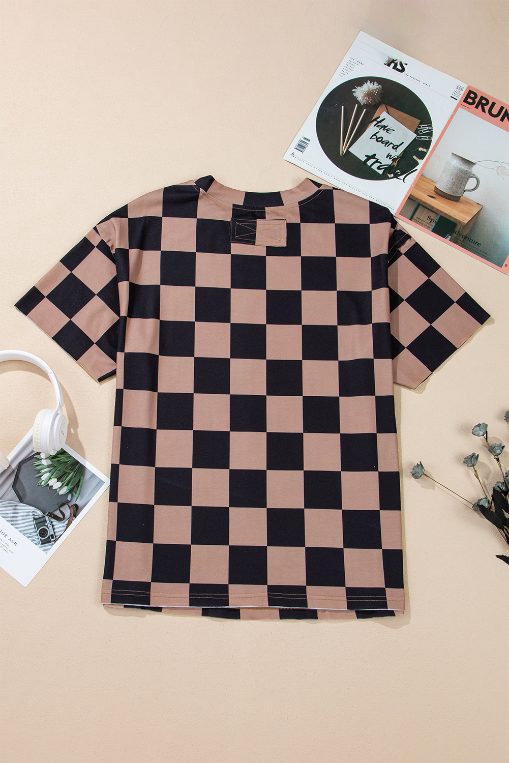 Light Beige Two Tone Checkered Crew Neck Loose T Shirt