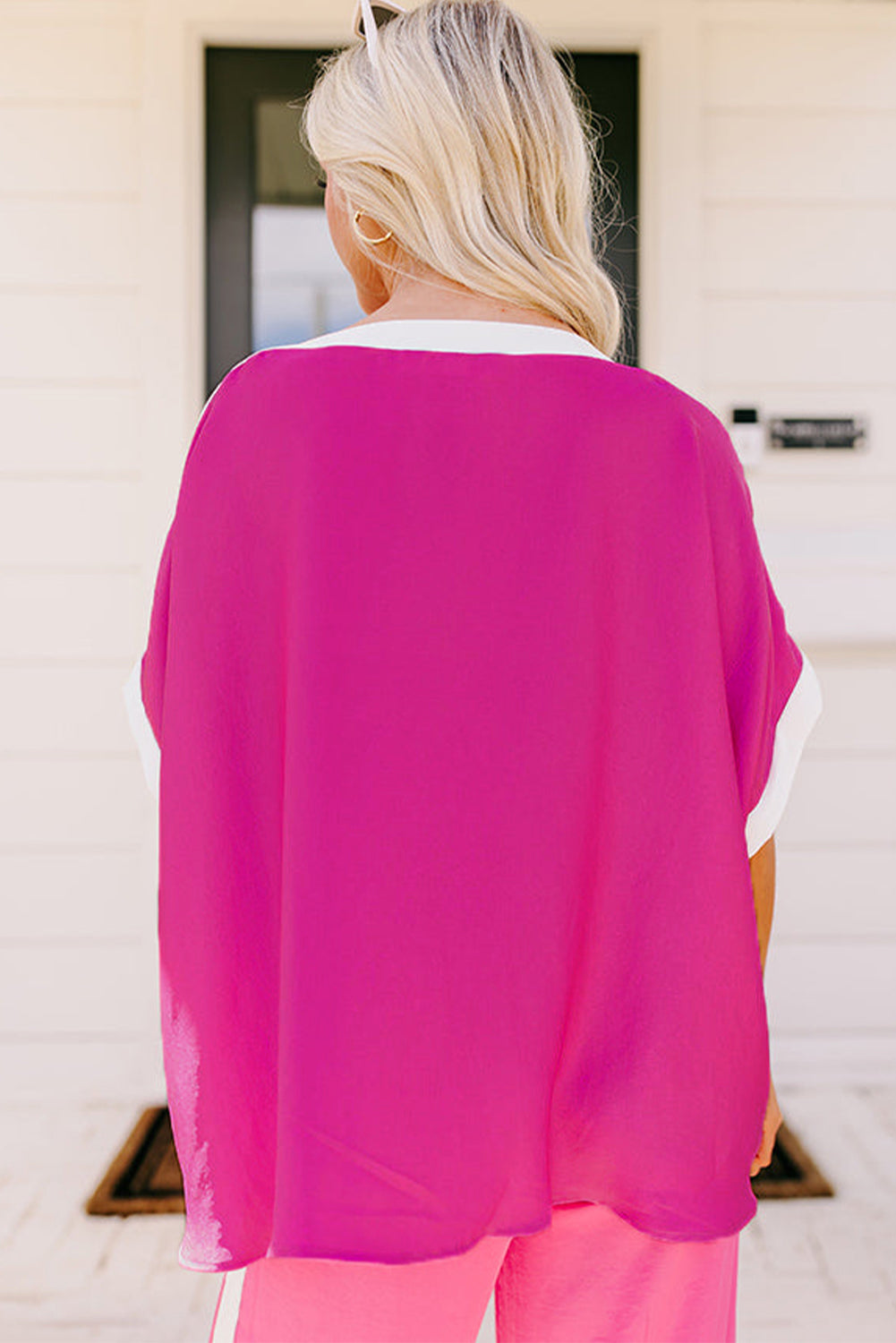 Rose Color Block Boat Neck Tunic Blouse