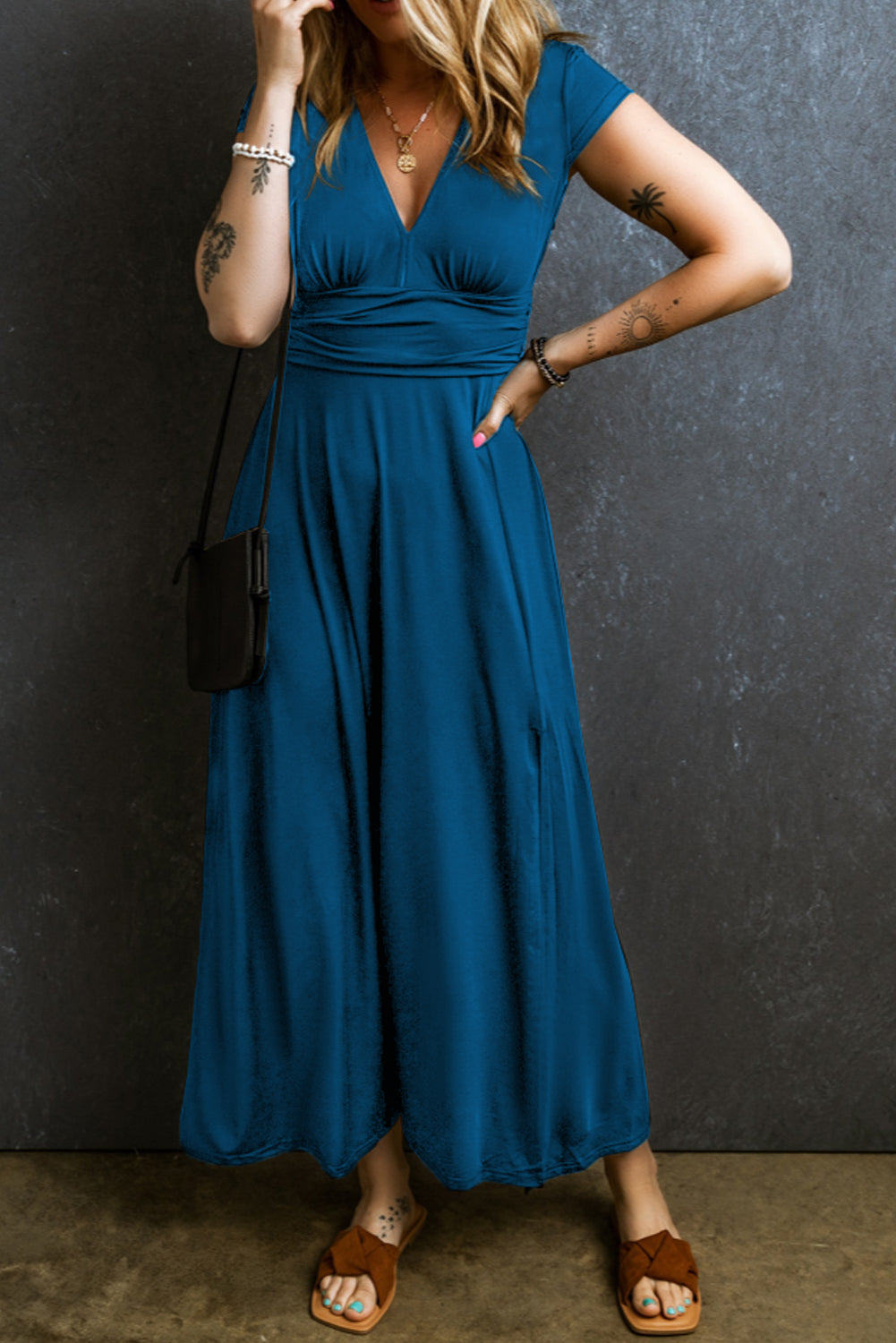 Peacock Blue Deep V Neck Ruched High Waist Midi Dress