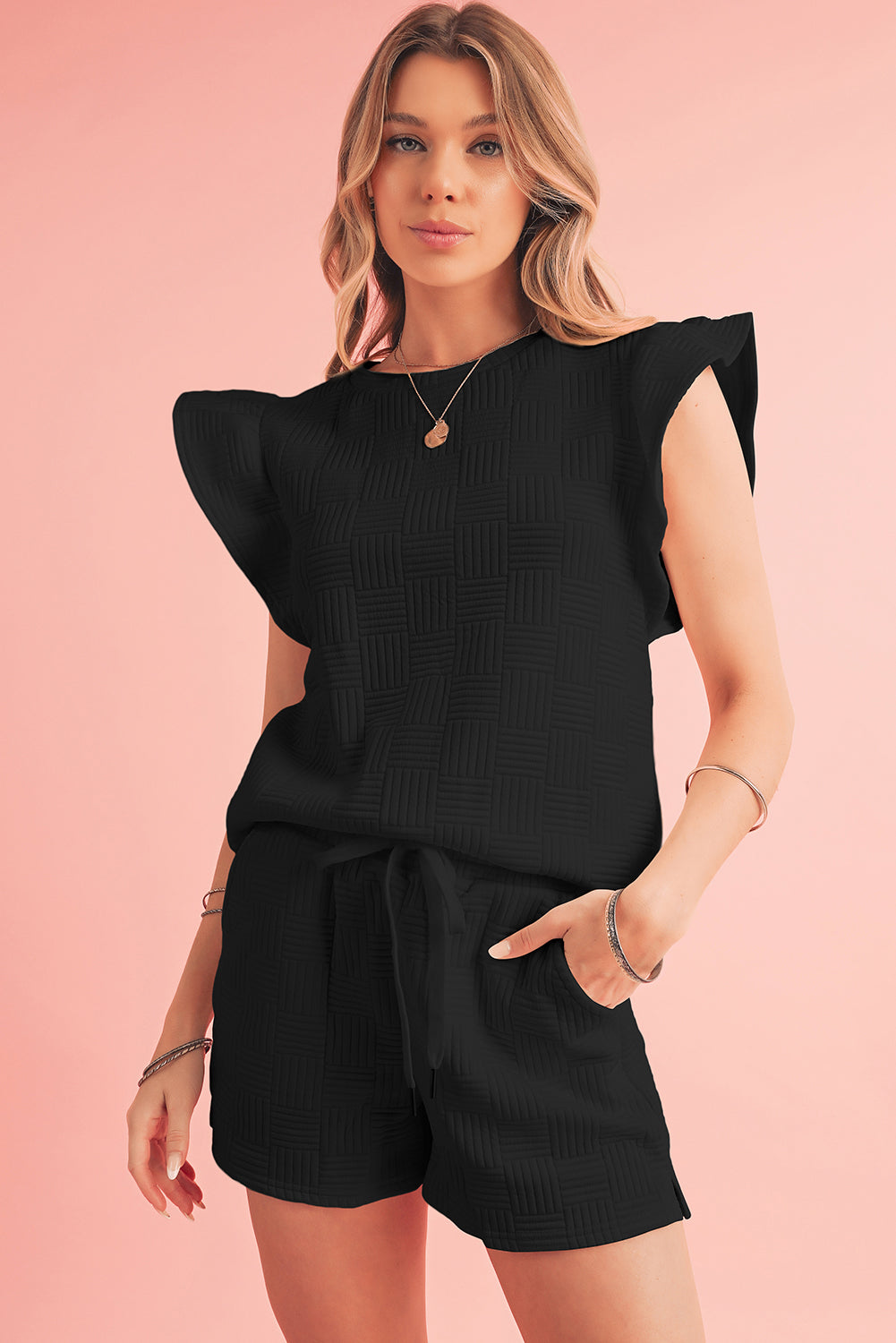 Black Textured Ruffle Sleeve Tee and Drawstring Shorts Set