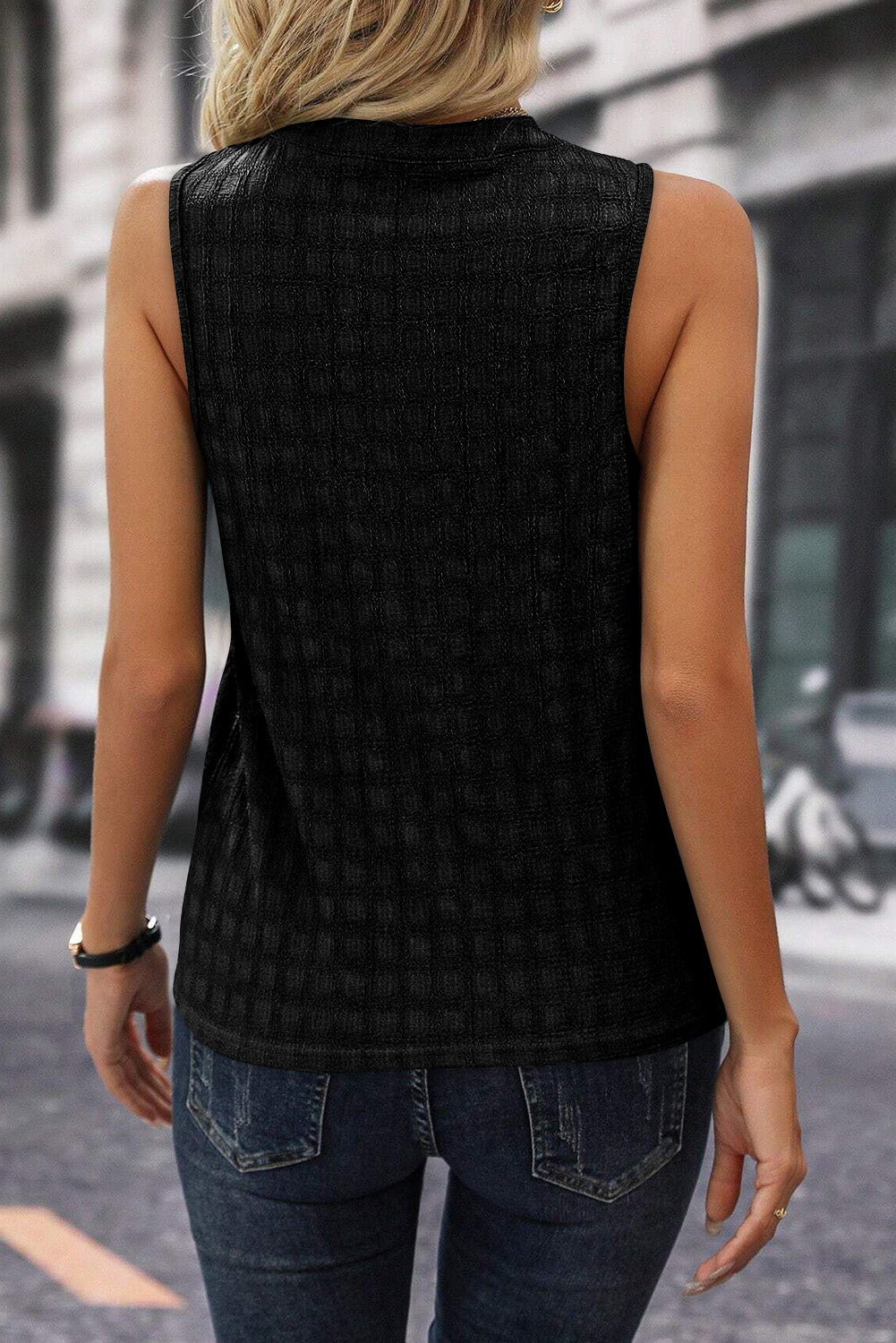 Black Textured Split V Neck Sleeveless Shirt