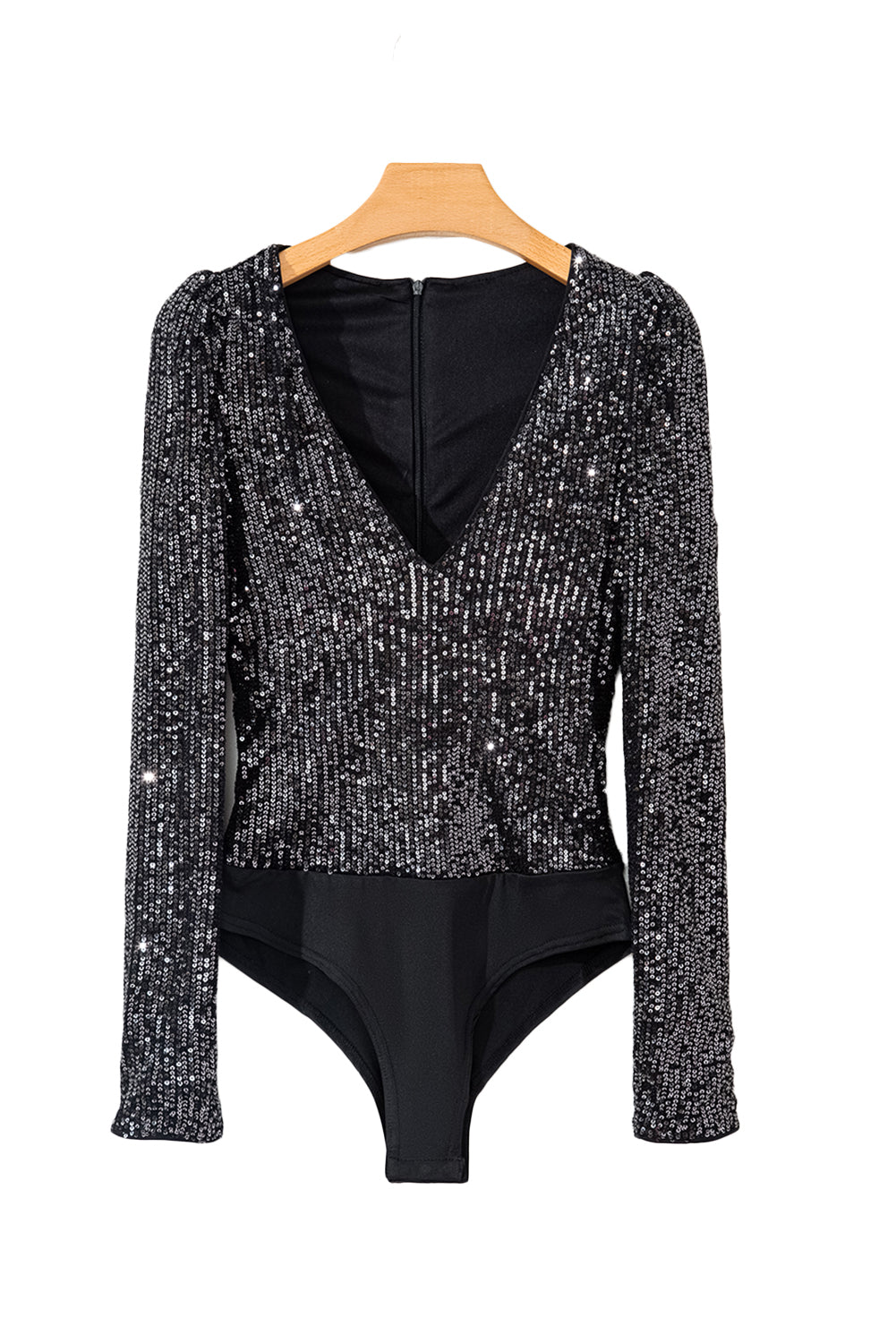 Black Sequin V Neck Zipped Long Sleeve Bodysuit