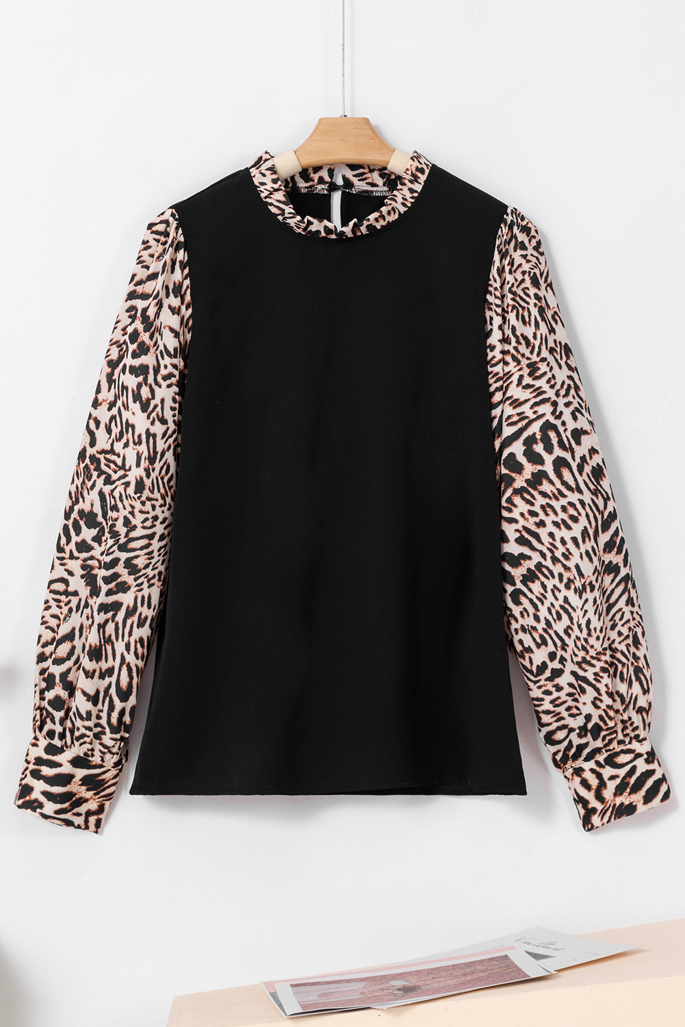 Black Leopard Print Lantern Sleeve Back Keyhole Blouse