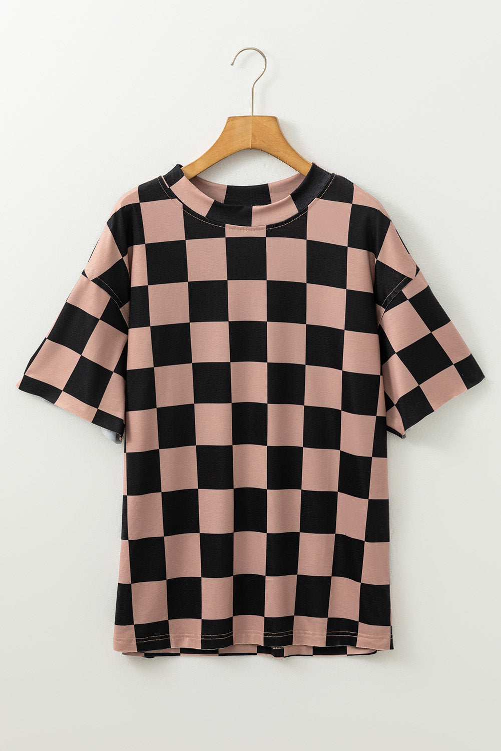 Light Beige Two Tone Checkered Crew Neck Loose T Shirt