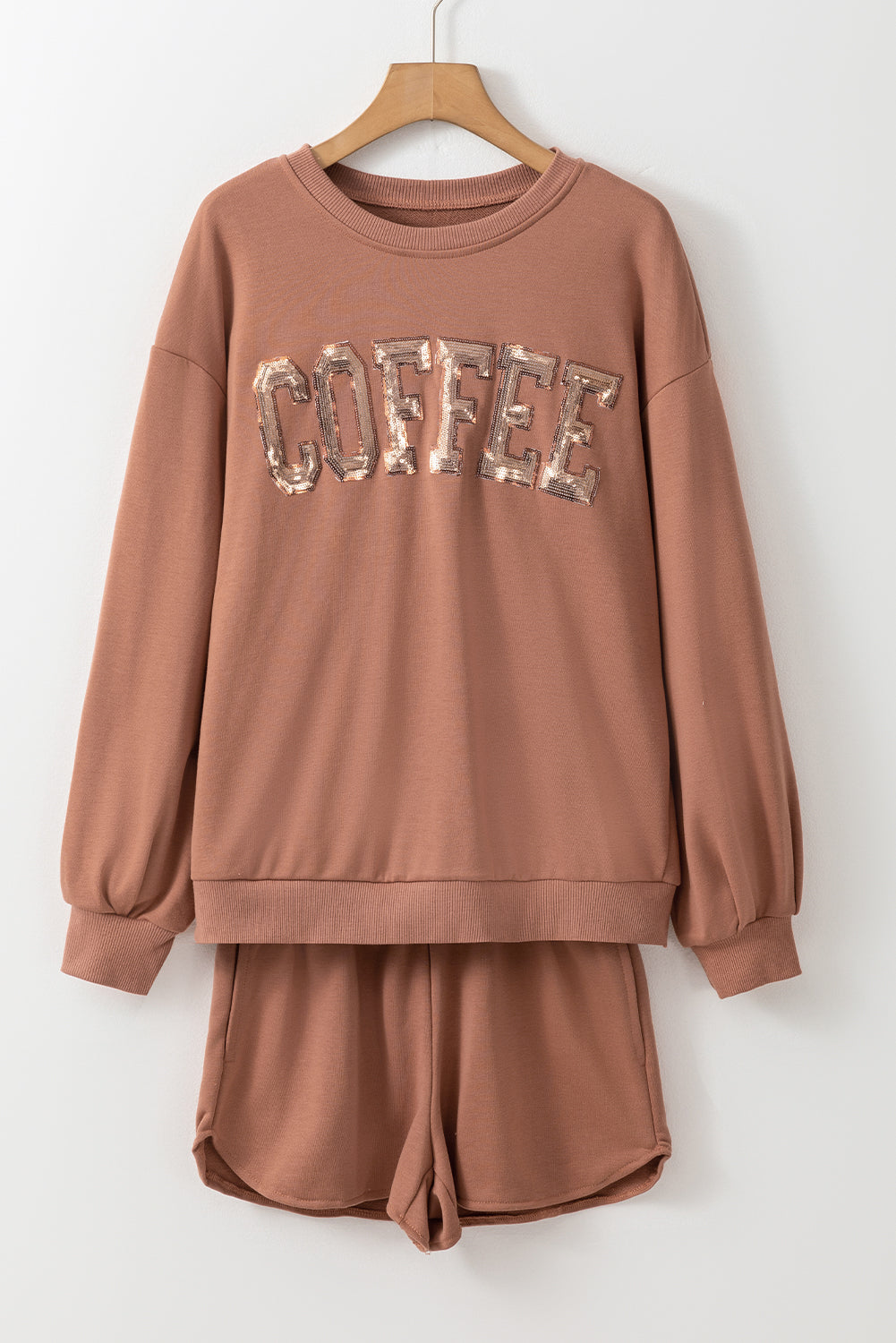 Black Sequins COFFEE Loose Fit Sweatshirt and Shorts Set