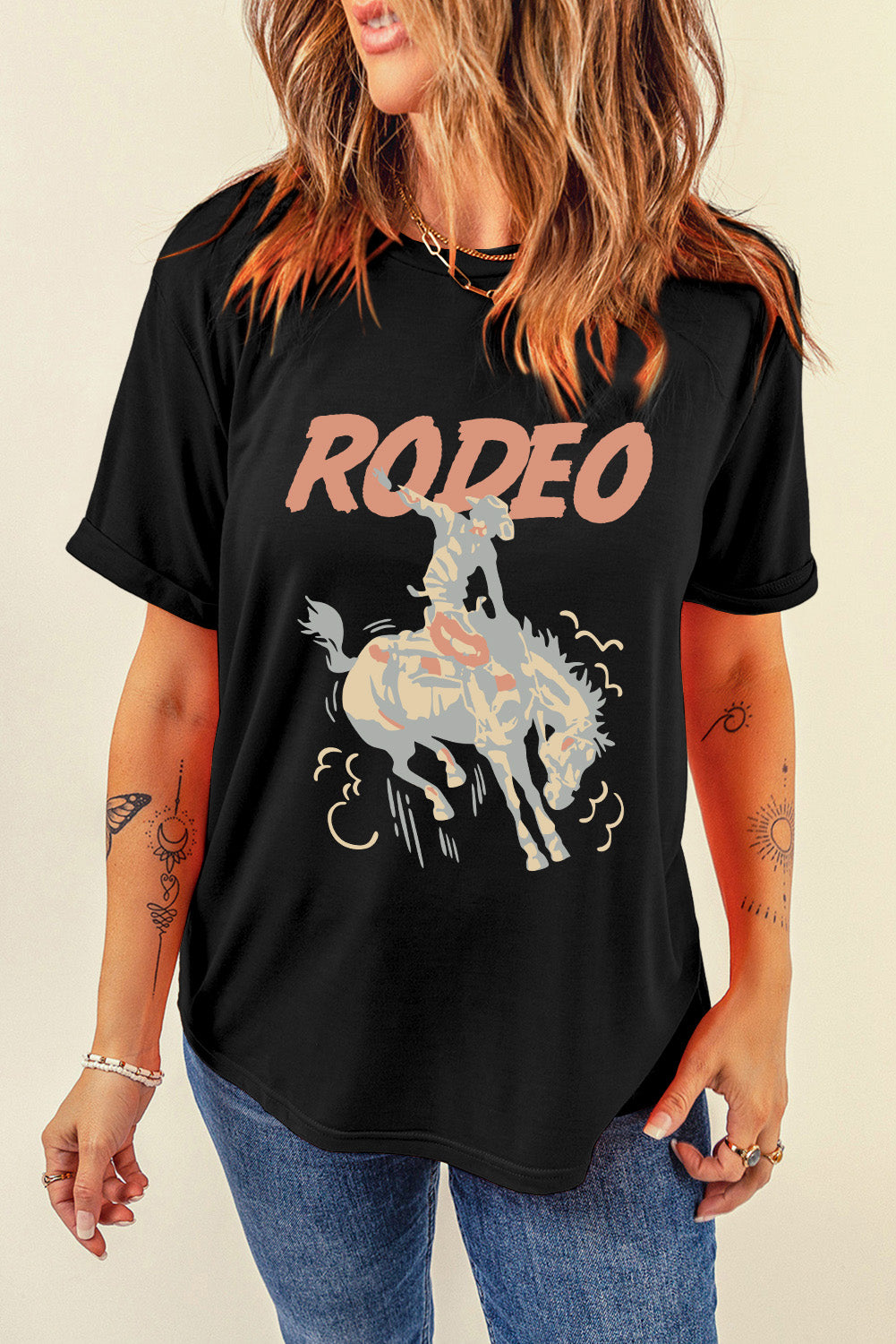 Black RODEO Horse Graphic Crewneck T Shirt