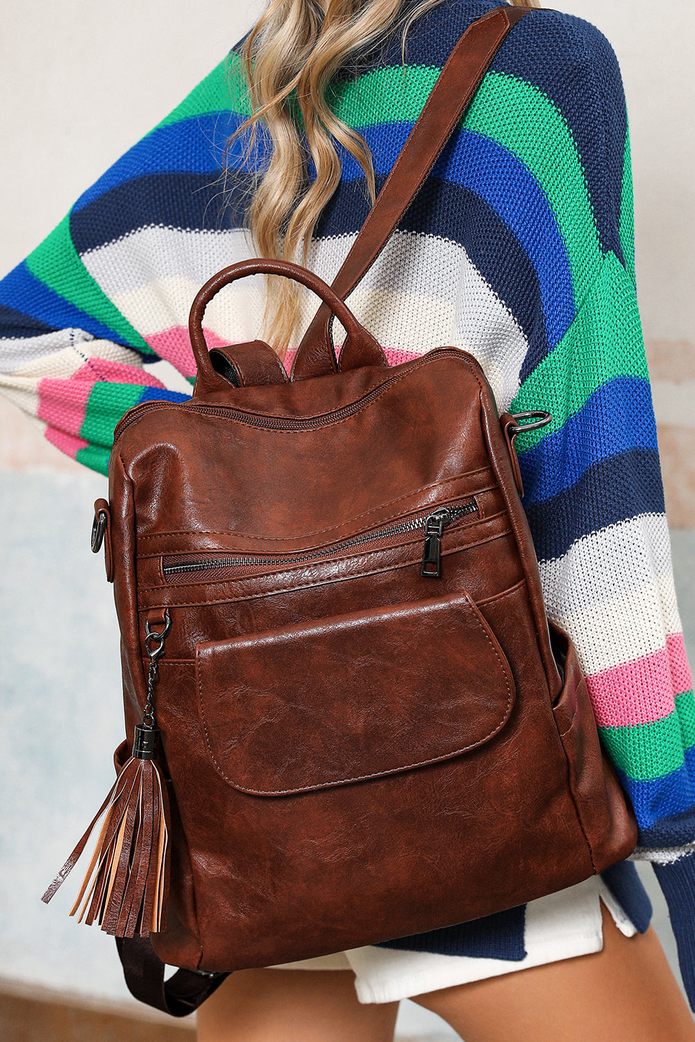 Brown Tassel Decor Retro PU Large Capacity Backpack