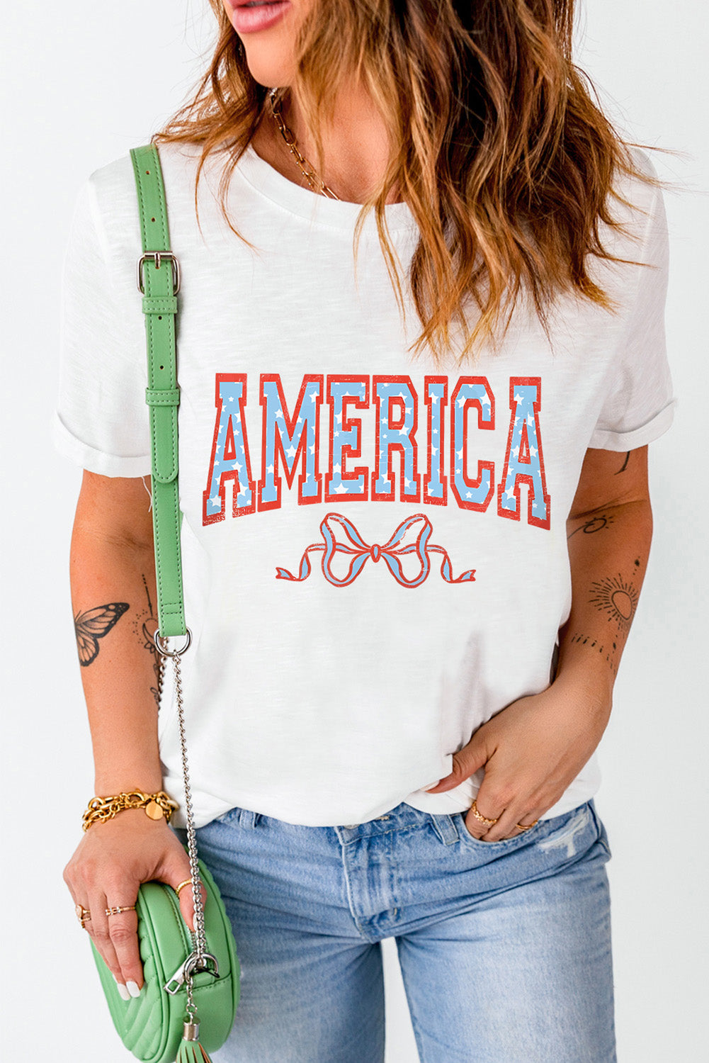 White Casual AMERICA Bow Knot Graphic Crew Neck Tee