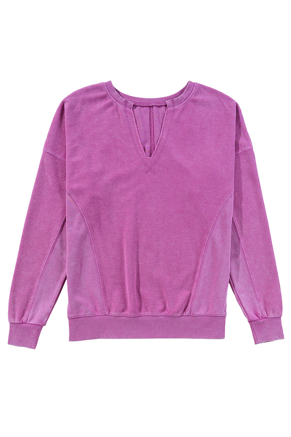 Bright Pink Notched Neck Exposed Seam Drop Shoulder Sweatshirt