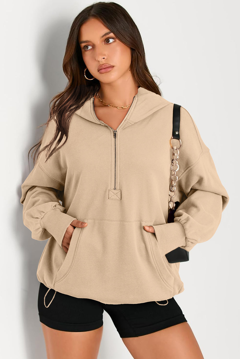 Bonbon Kangaroo Pocket Half Zipper Oversized Hoodie