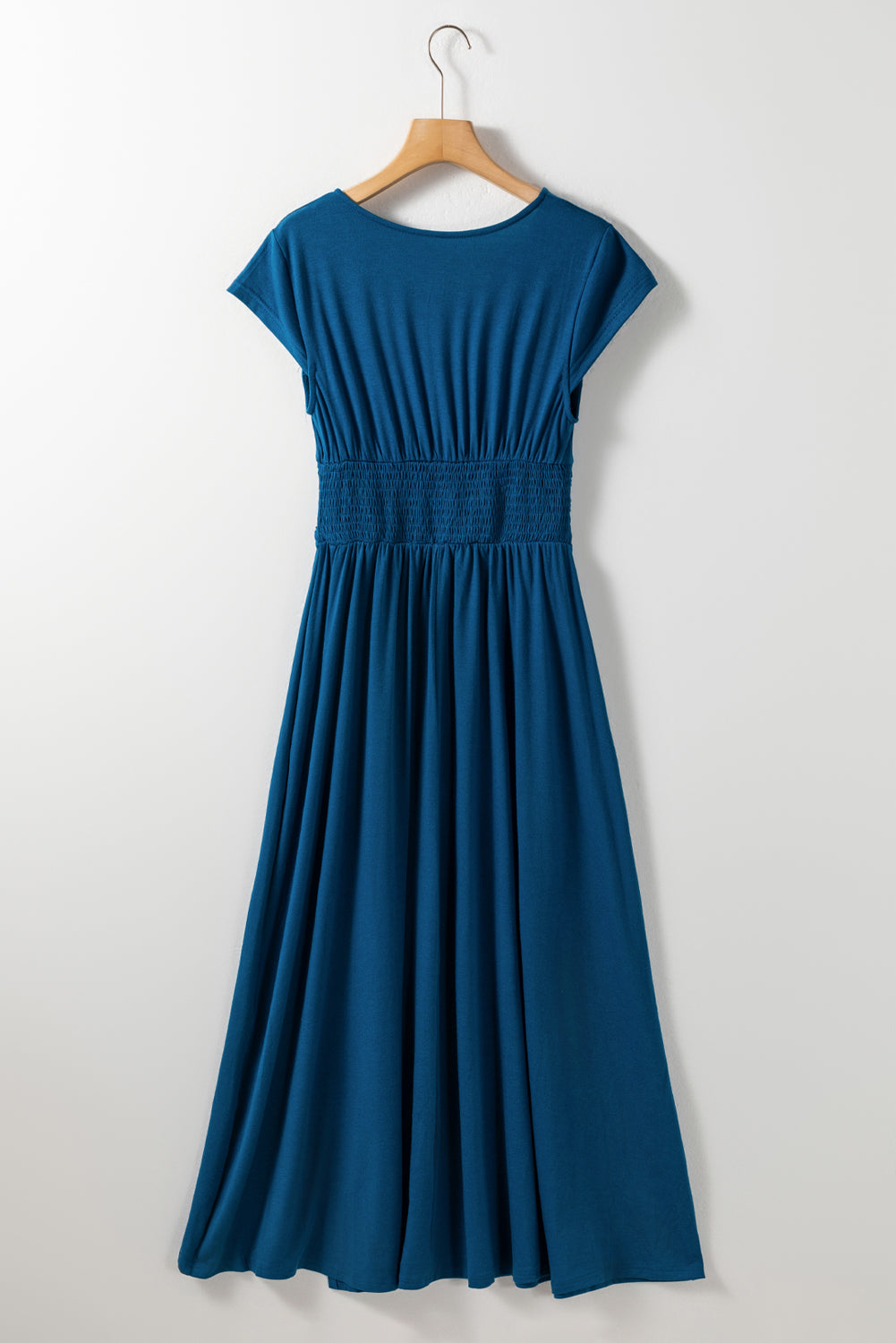 Peacock Blue Deep V Neck Ruched High Waist Midi Dress