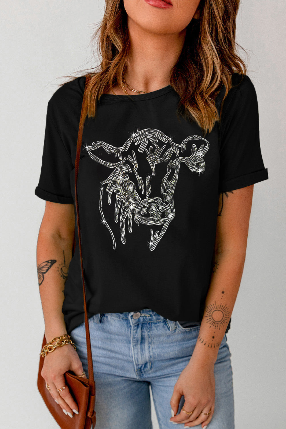 Black Rhinestone Steer Head Graphic T Shirt