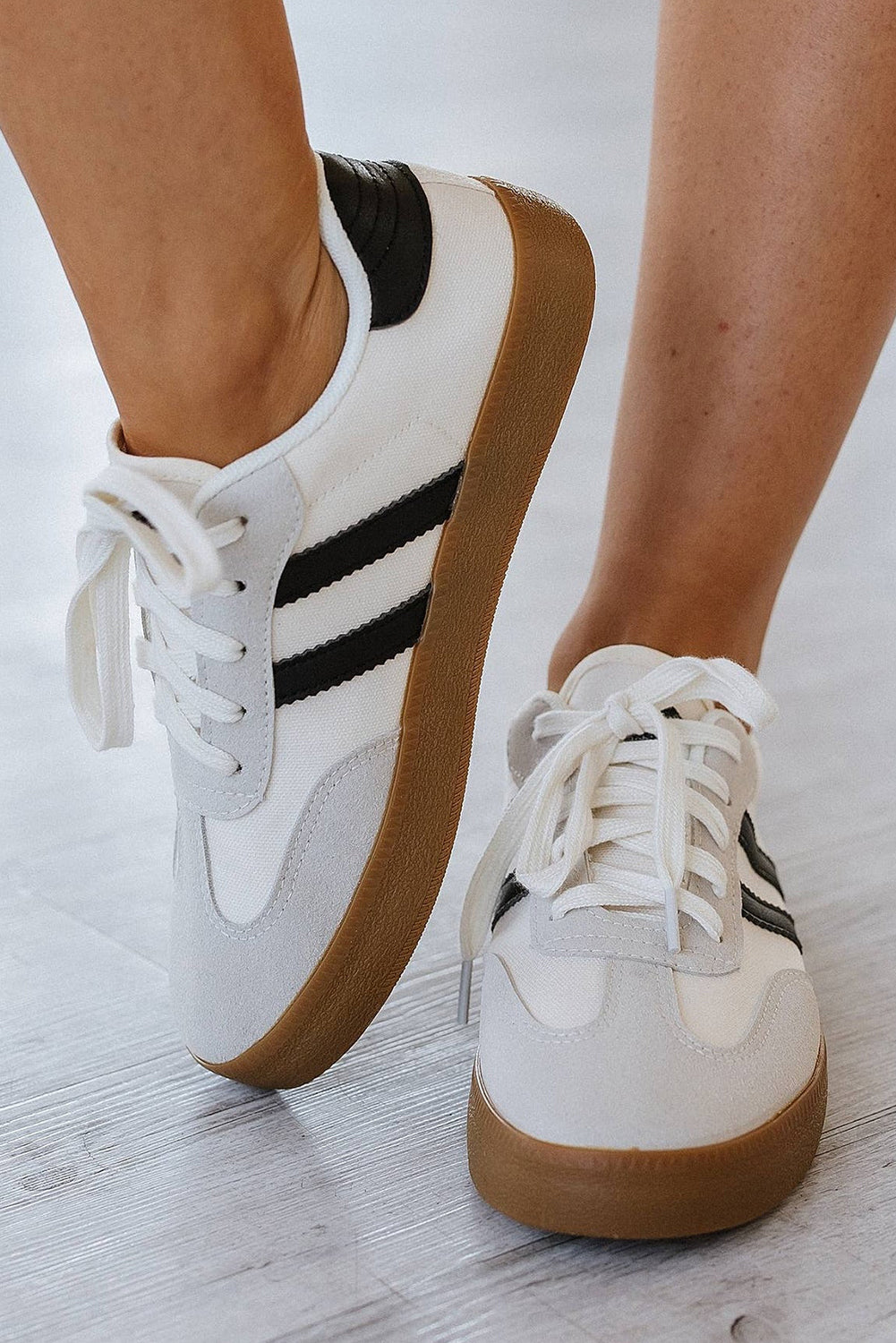 White Striped Lace Up Flat Sneakers