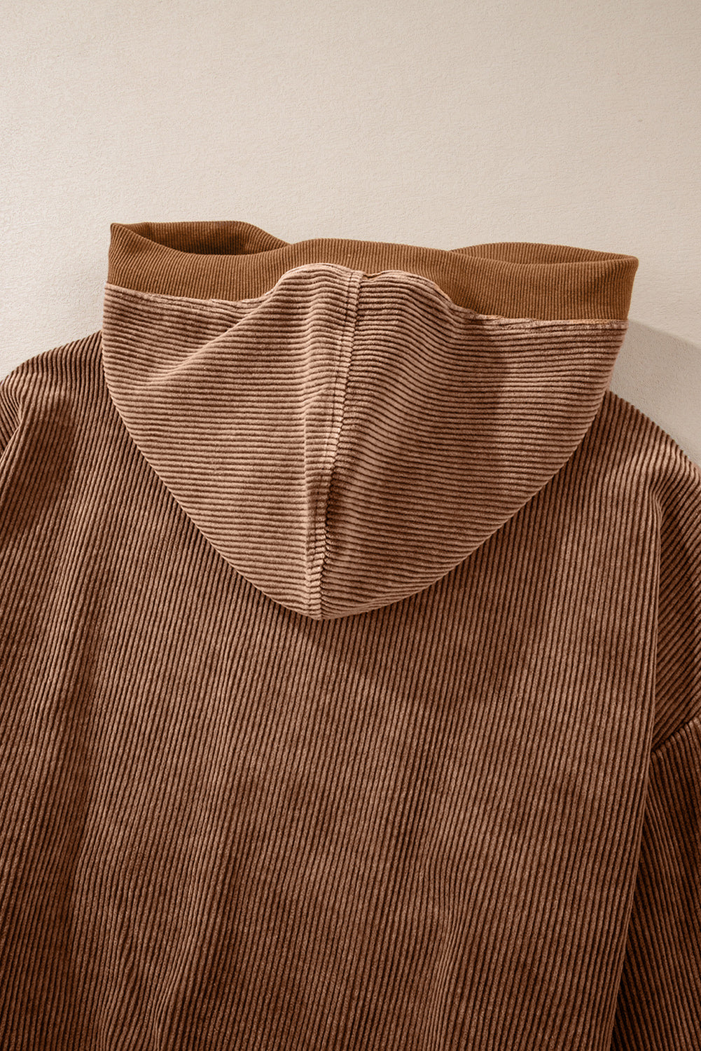 Chestnut Half Zipper Kangaroo Pocket Drawstring Corduroy Hoodie