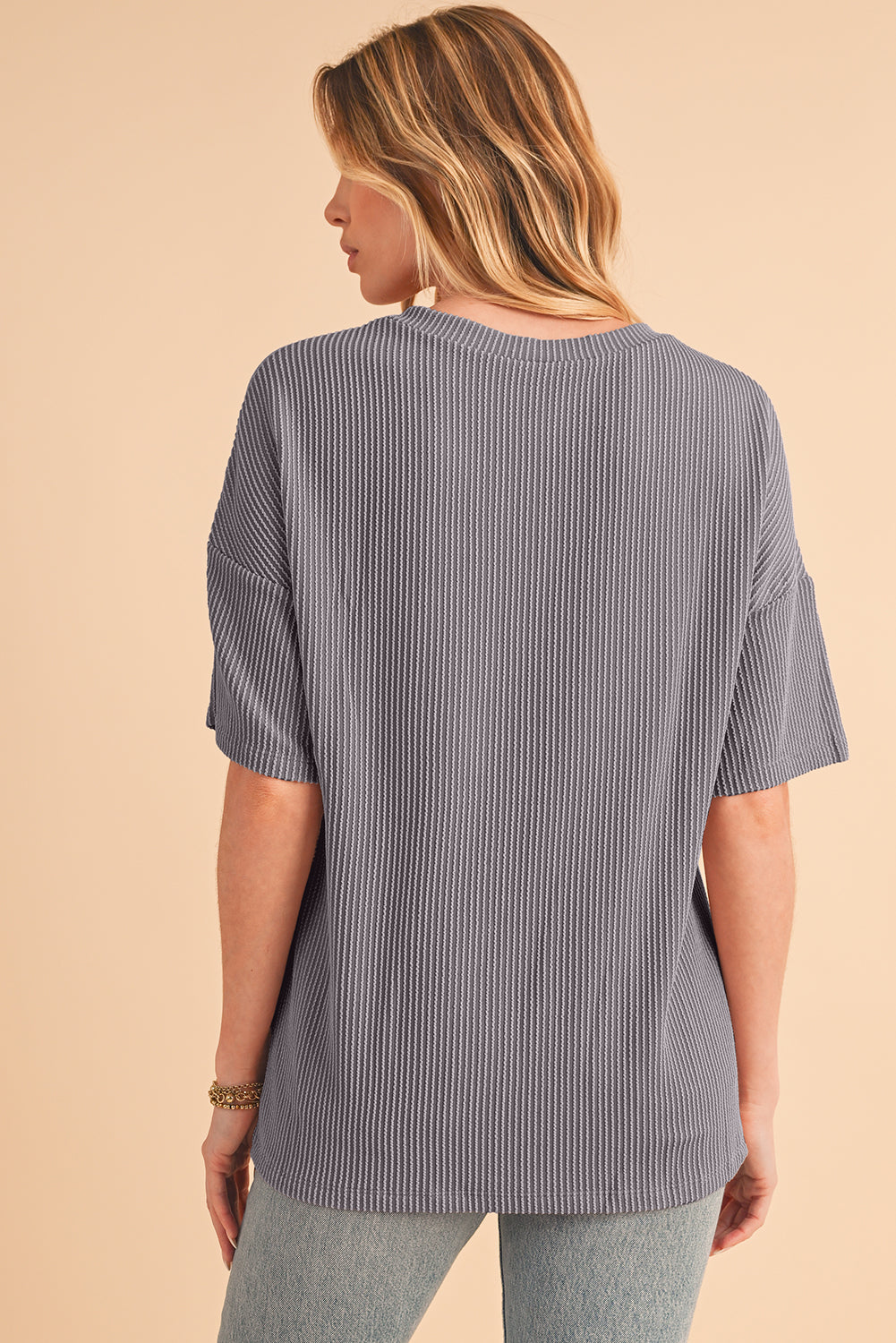 Light Grey Ribbed V Neck Pocket Drop Sleeve T-Shirt