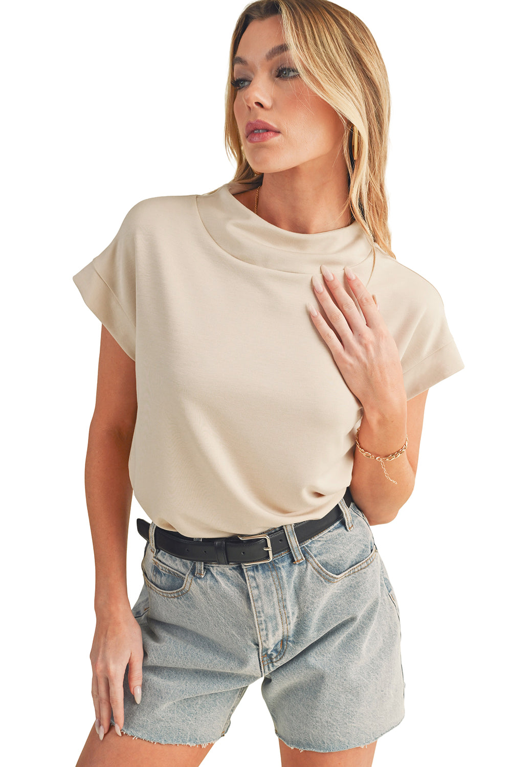 Oatmeal Solid Color Short Sleeve Zip Back Blouse