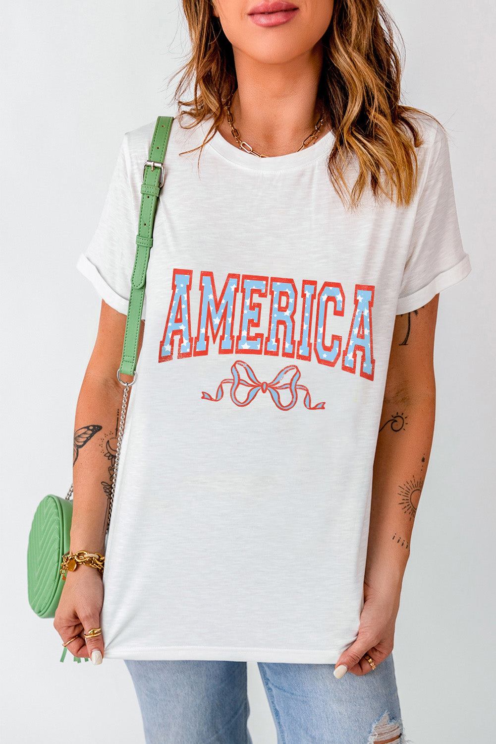 White Casual AMERICA Bow Knot Graphic Crew Neck Tee