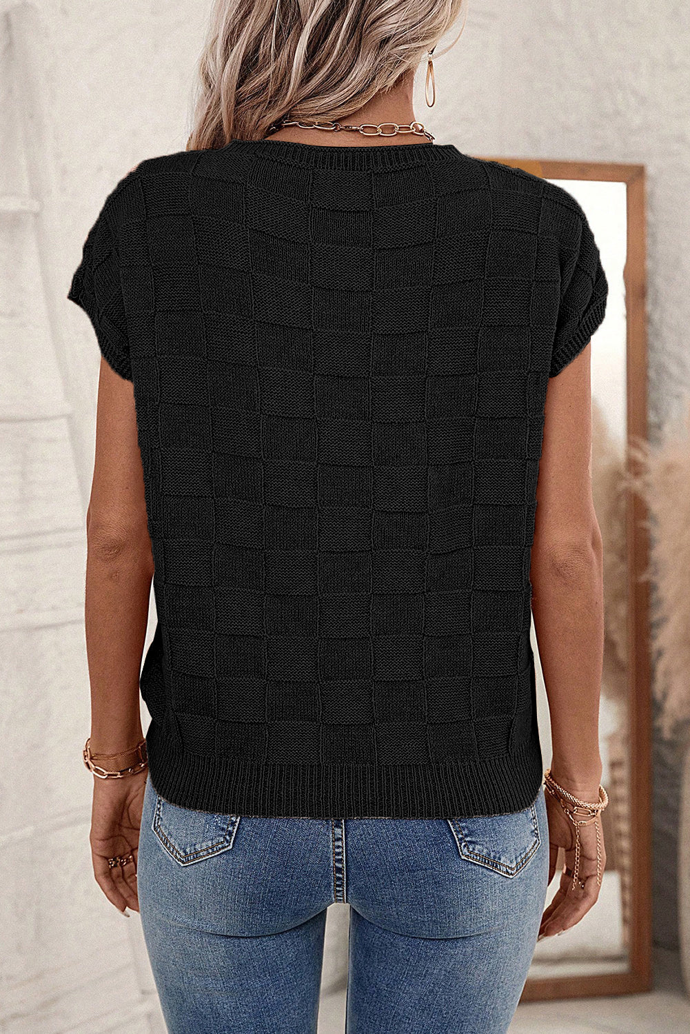 Black Lattice Textured Knit Short Sleeve Baggy Sweater