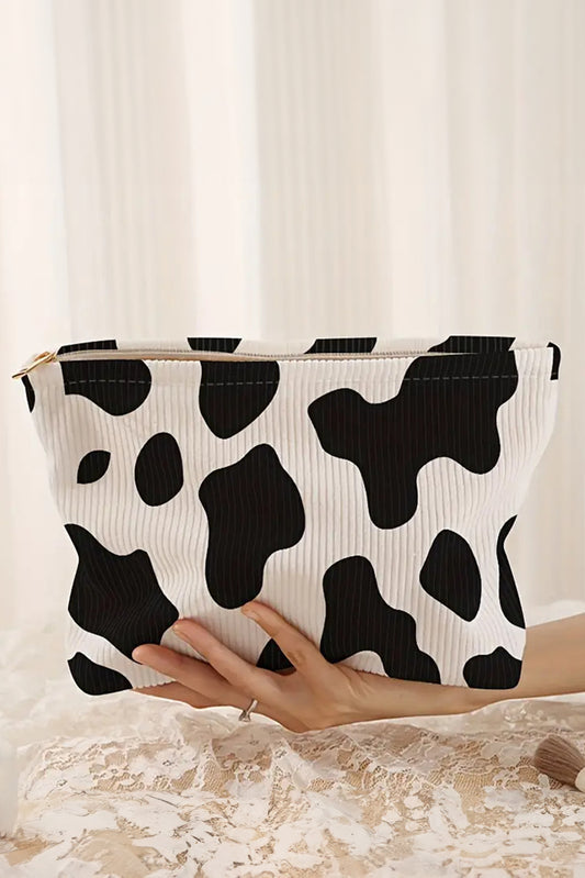 White Cow Pattern Corduroy Zipper Makeup Bag