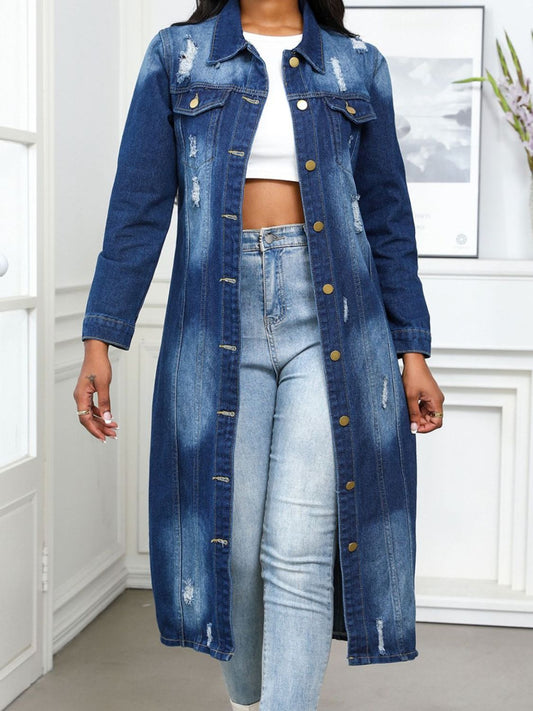 Distressed Button Up Collared Neck Denim Top