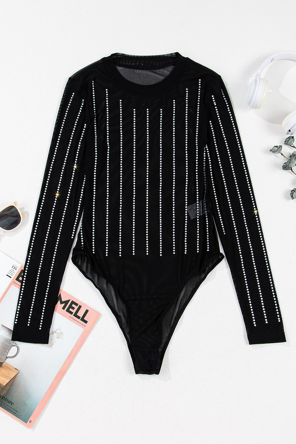 Black Rhinestone Striped Mesh Long Sleeve Bodysuit