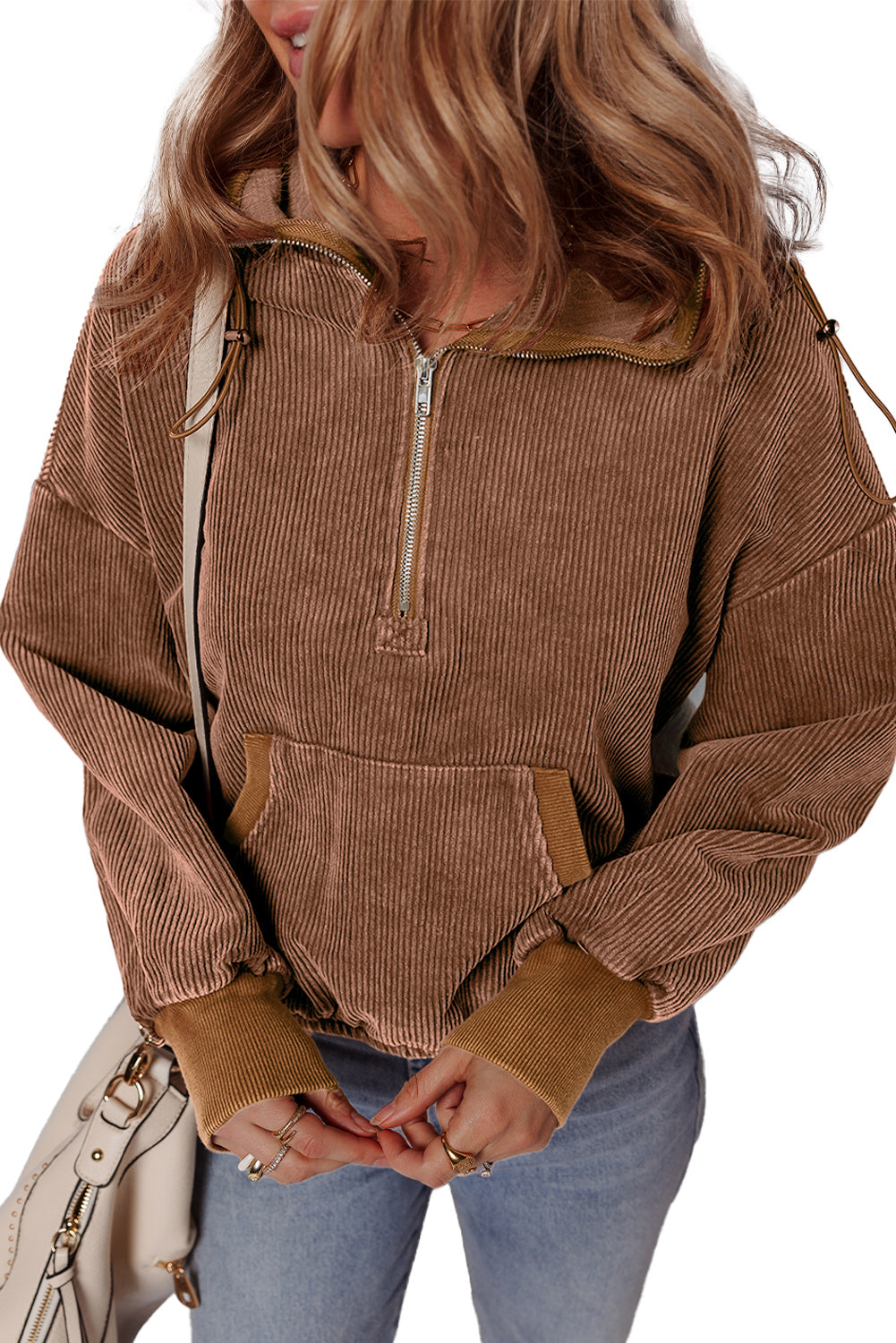 Chestnut Half Zipper Kangaroo Pocket Drawstring Corduroy Hoodie